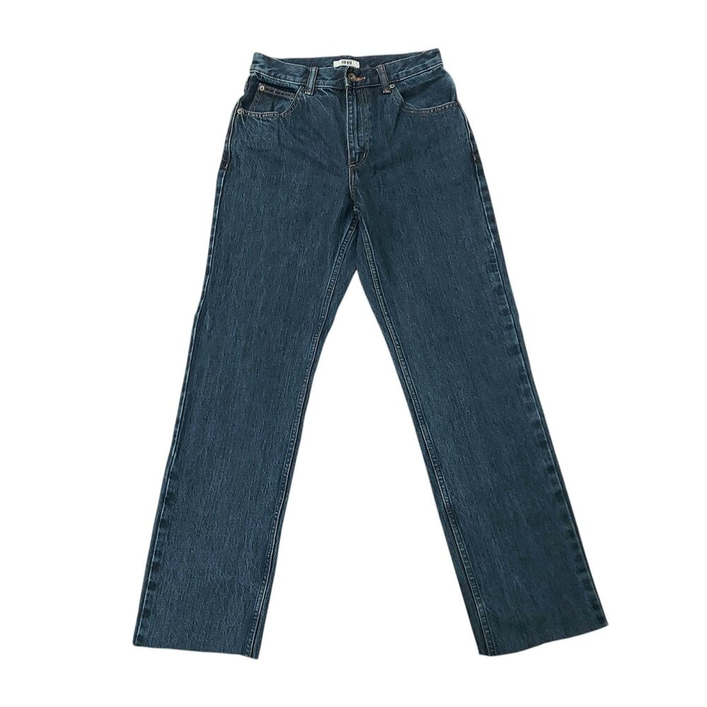 Uniqlo Jeans Womens 24x30 Blue Dark Wash High Rise Raw Hem Straight 100% Cotton